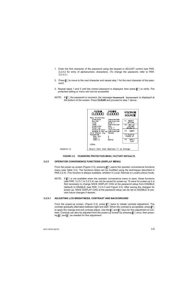 5 operator convenience functions (display menu), Operator convenience functions (display menu) -9, Password protection menu, factory defaults -9 | R. 3.2.5), Ee figure 3-5 for | KEPCO BOP 1KW-MG Operator Manual, Firmware Ver.2.38 to 2.47 User Manual | Page 73 / 188