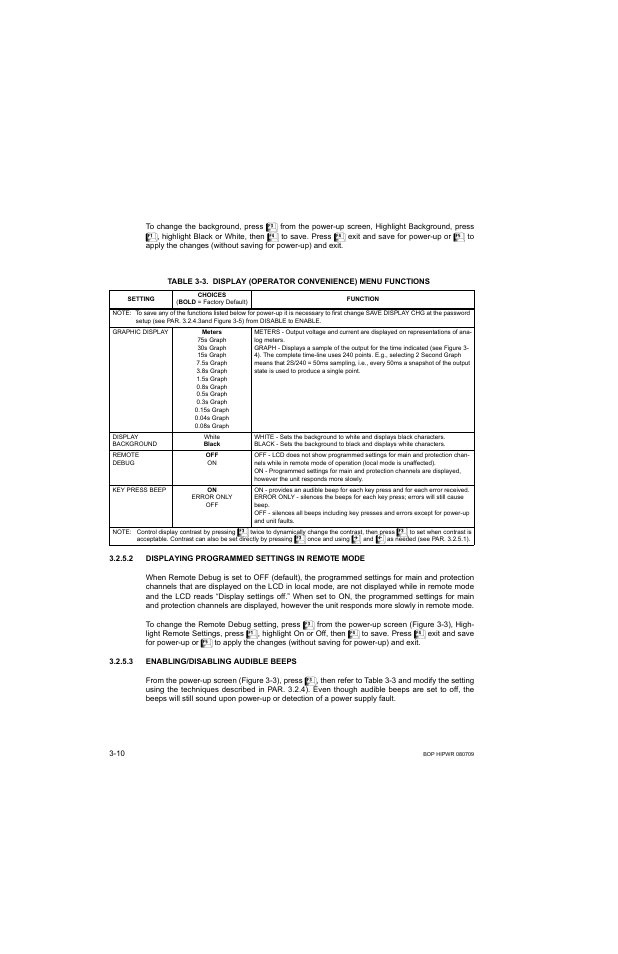 2 displaying programmed settings in remote mode, 3 enabling/disabling audible beeps, Displaying programmed settings in remote mode -10 | Enabling/disabling audible beeps -10, Display (operator convenience) menu functions -10, Es 3-3, Ble 3-3) | KEPCO BOP 1KW-MG Operator Manual, Firmware Ver.2.38 to 2.47 User Manual | Page 74 / 188