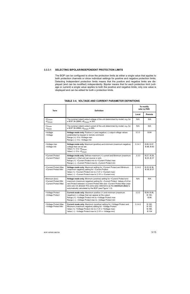 1 selecting bipolar/independent protection limits, Voltage and current parameter definitions -13, R. 3.3.3.1) | KEPCO BOP 1KW-MG Operator Manual, Firmware Ver.2.38 to 2.47 User Manual | Page 77 / 188