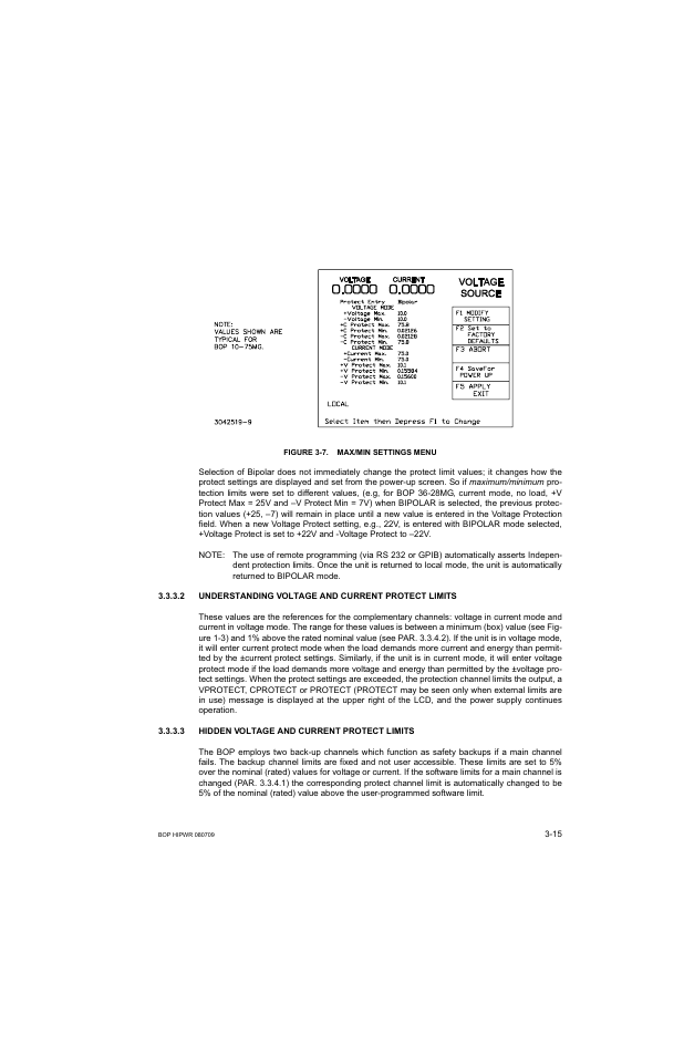 Figure 3-7. max/min settings menu, 2 understanding voltage and current protect limits, 3 hidden voltage and current protect limits | Hidden voltage and current protect limits -15, Max/min settings menu -15, E 3-7 | KEPCO BOP 1KW-MG Operator Manual, Firmware Ver.2.38 to 2.47 User Manual | Page 79 / 188