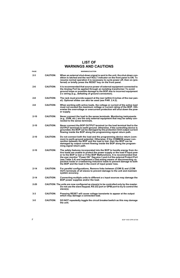 List of warnings and cautions | KEPCO BOP 1KW-MG Operator Manual, Firmware Ver.2.38 to 2.47 User Manual | Page 8 / 188