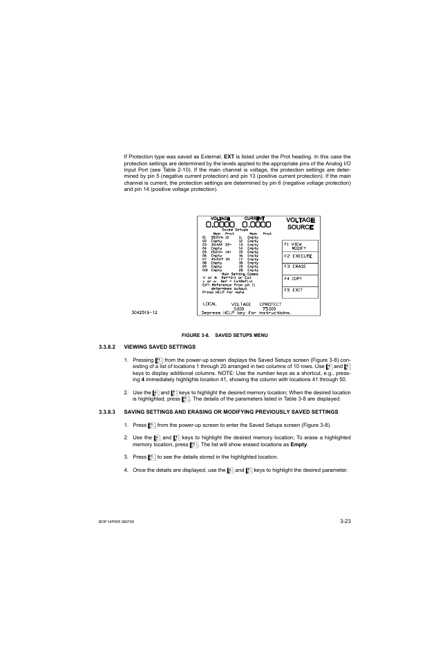 Figure 3-8. saved setups menu, 2 viewing saved settings, Viewing saved settings -23 | Saved setups menu -23, Ure 3-8): re, E 3-8). for, R 3.3.8.2, R. 3.3.8.3 | KEPCO BOP 1KW-MG Operator Manual, Firmware Ver.2.38 to 2.47 User Manual | Page 87 / 188