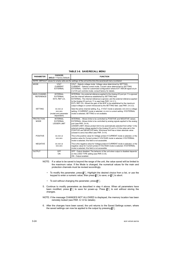 Table 3-8. save/recall menu, Save/recall menu -24, 8 ar | KEPCO BOP 1KW-MG Operator Manual, Firmware Ver.2.38 to 2.47 User Manual | Page 88 / 188
