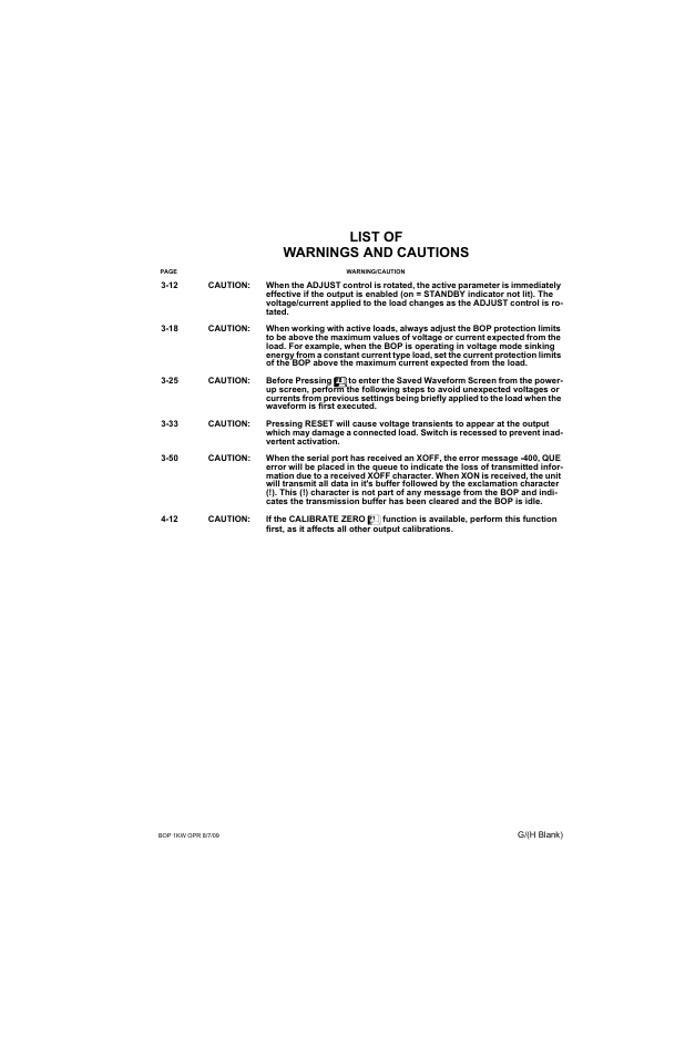 List of warnings and cautions | KEPCO BOP 1KW-MG Operator Manual, Firmware Ver.2.38 to 2.47 User Manual | Page 9 / 188