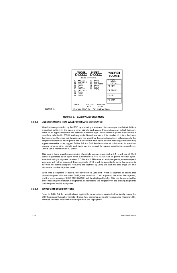 Figure 3-9. saved waveforms menu, 3 understanding how waveforms are generated, 4 waveform specifications | Understanding how waveforms are generated -26, Waveform specifications -26, Saved waveforms menu -26, E 3-9): cho | KEPCO BOP 1KW-MG Operator Manual, Firmware Ver.2.38 to 2.47 User Manual | Page 90 / 188