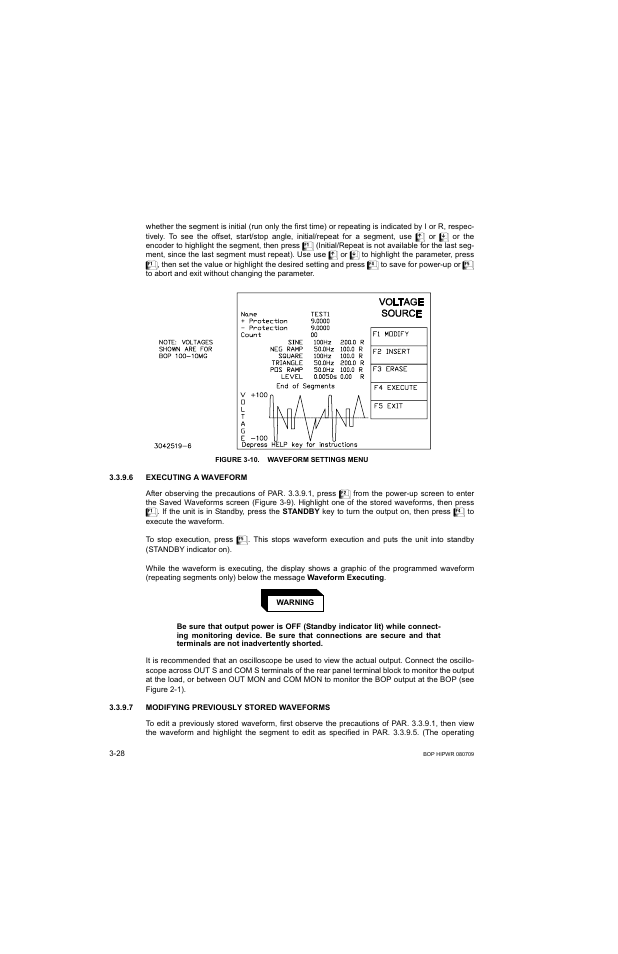 Figure 3-10. waveform settings menu, 6 executing a waveform, 7 modifying previously stored waveforms | Executing a waveform -28, Modifying previously stored waveforms -28, 10 waveform settings menu -28, Igure 3-10) | KEPCO BOP 1KW-MG Operator Manual, Firmware Ver.2.38 to 2.47 User Manual | Page 92 / 188