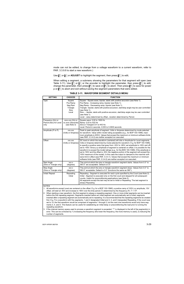 Table 3-11. waveform segment details menu, 11 waveform segment details menu -29, Able 3-11 | KEPCO BOP 1KW-MG Operator Manual, Firmware Ver.2.38 to 2.47 User Manual | Page 93 / 188