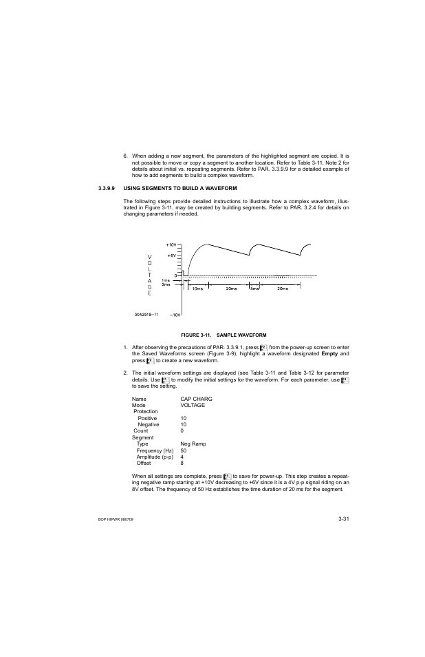 9 using segments to build a waveform, Figure 3-11. sample waveform, Using segments to build a waveform -31 | 11 sample waveform -31 | KEPCO BOP 1KW-MG Operator Manual, Firmware Ver.2.38 to 2.47 User Manual | Page 95 / 188