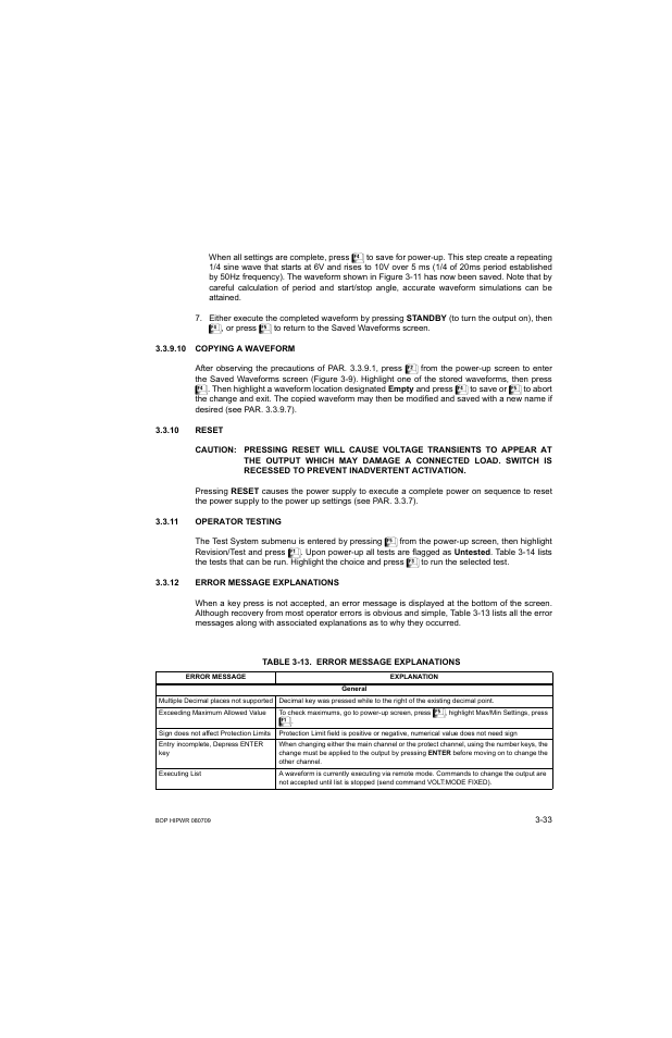 10 copying a waveform, 10 reset, 11 operator testing | 12 error message explanations, Table 3-13. error message explanations, Caution, Vertent activation, Copying a waveform -33, Reset -33, Operator testing -33 | KEPCO BOP 1KW-MG Operator Manual, Firmware Ver.2.38 to 2.47 User Manual | Page 97 / 188