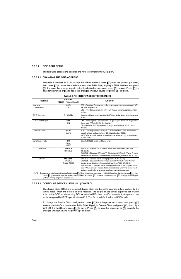 1 gpib port setup, 1 changing the gpib address, Table 3-16. interface settings menu | 2 configure device clear (dcl) control, Gpib port setup -44, Changing the gpib address -44, Configure device clear (dcl) control -44, 16 interface settings menu -44, R 3.5.3.1. th, R. 3.5.3.1 | KEPCO BOP 1KW-MG Operator Manual, Firmware Ver.2.01 to 2.37 User Manual | Page 104 / 176