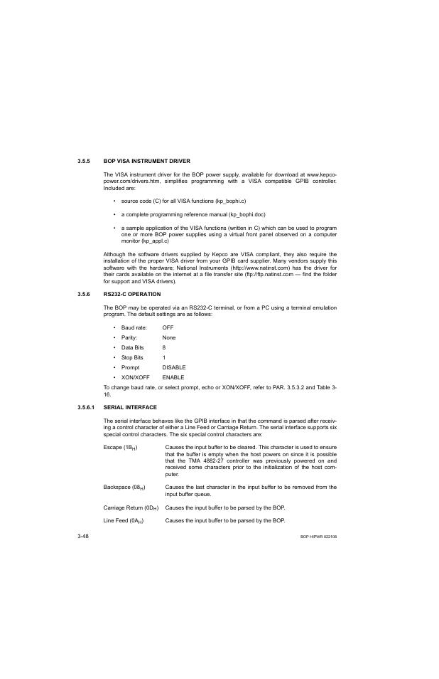 5 bop visa instrument driver, 6 rs232-c operation, 1 serial interface | Bop visa instrument driver -48, Rs232-c operation -48, Serial interface -48, R. 3.5.6 | KEPCO BOP 1KW-MG Operator Manual, Firmware Ver.2.01 to 2.37 User Manual | Page 108 / 176