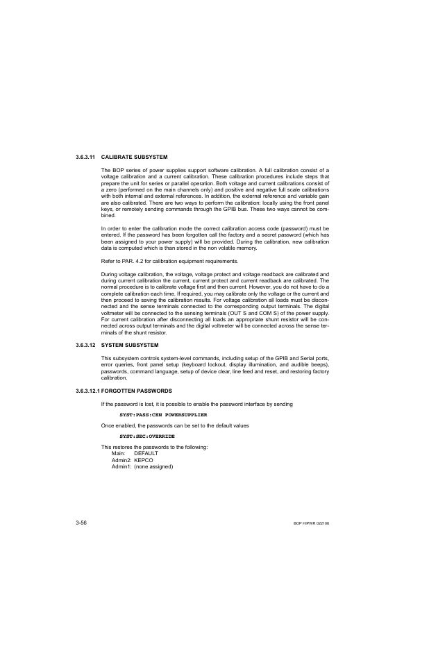 11 calibrate subsystem, 12 system subsystem, 1 forgotten passwords | Calibrate subsystem -56, System subsystem -56, Forgotten passwords -56 | KEPCO BOP 1KW-MG Operator Manual, Firmware Ver.2.01 to 2.37 User Manual | Page 116 / 176