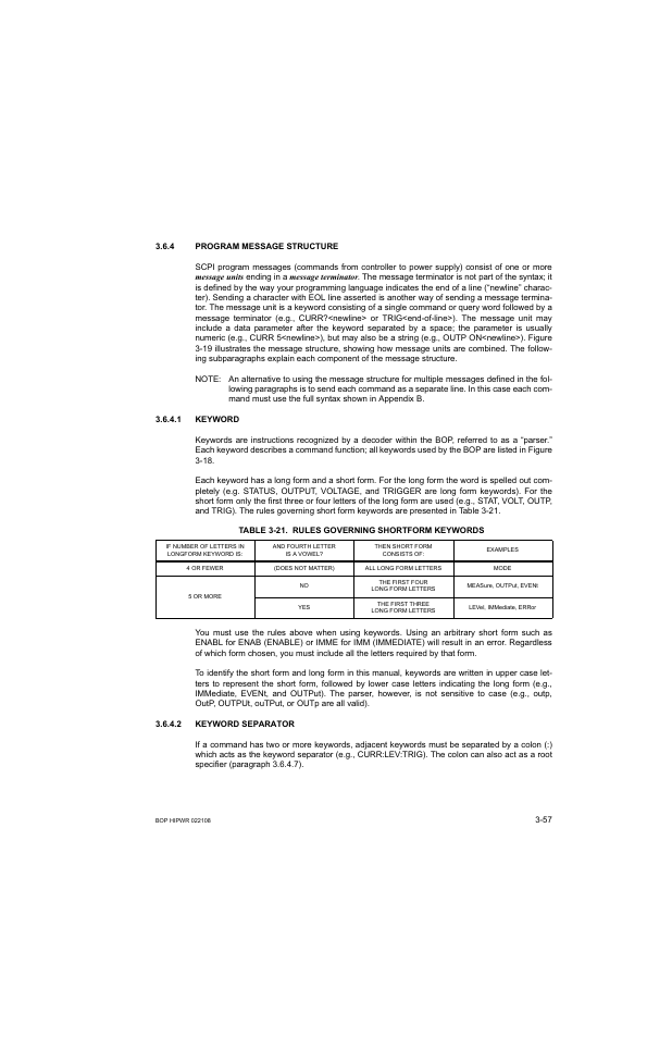 4 program message structure, 1 keyword, Table 3-21. rules governing shortform keywords | 2 keyword separator, Program message structure -57, Keyword -57, Keyword separator -57, 21 rules governing shortform keywords -57 | KEPCO BOP 1KW-MG Operator Manual, Firmware Ver.2.01 to 2.37 User Manual | Page 117 / 176