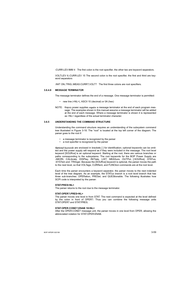 8 message terminator, 5 understanding the command structure, Message terminator -59 | Understanding the command structure -59 | KEPCO BOP 1KW-MG Operator Manual, Firmware Ver.2.01 to 2.37 User Manual | Page 119 / 176