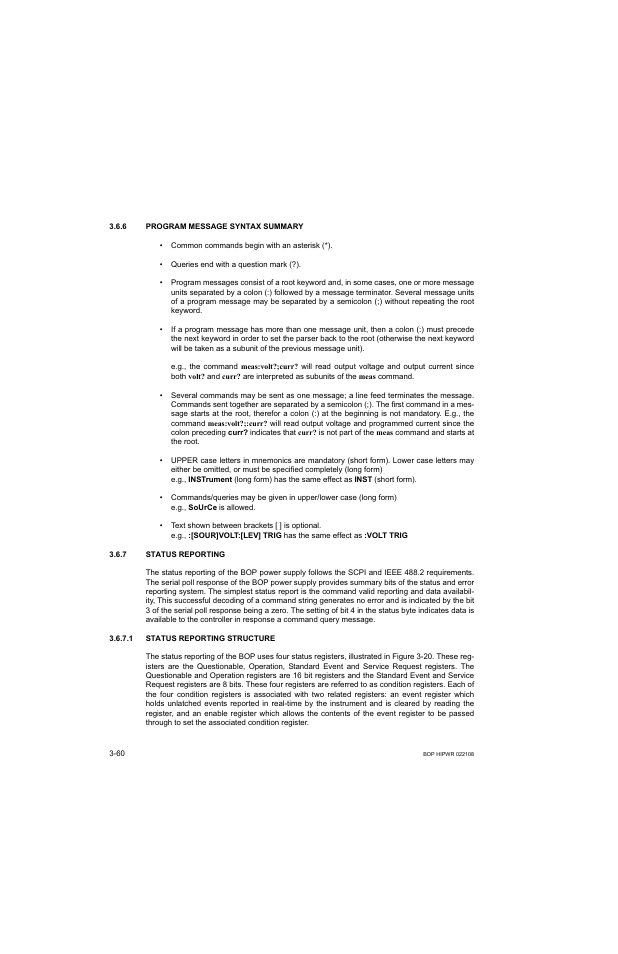 6 program message syntax summary, 7 status reporting, 1 status reporting structure | Program message syntax summary -60, Status reporting -60, Status reporting structure -60 | KEPCO BOP 1KW-MG Operator Manual, Firmware Ver.2.01 to 2.37 User Manual | Page 120 / 176