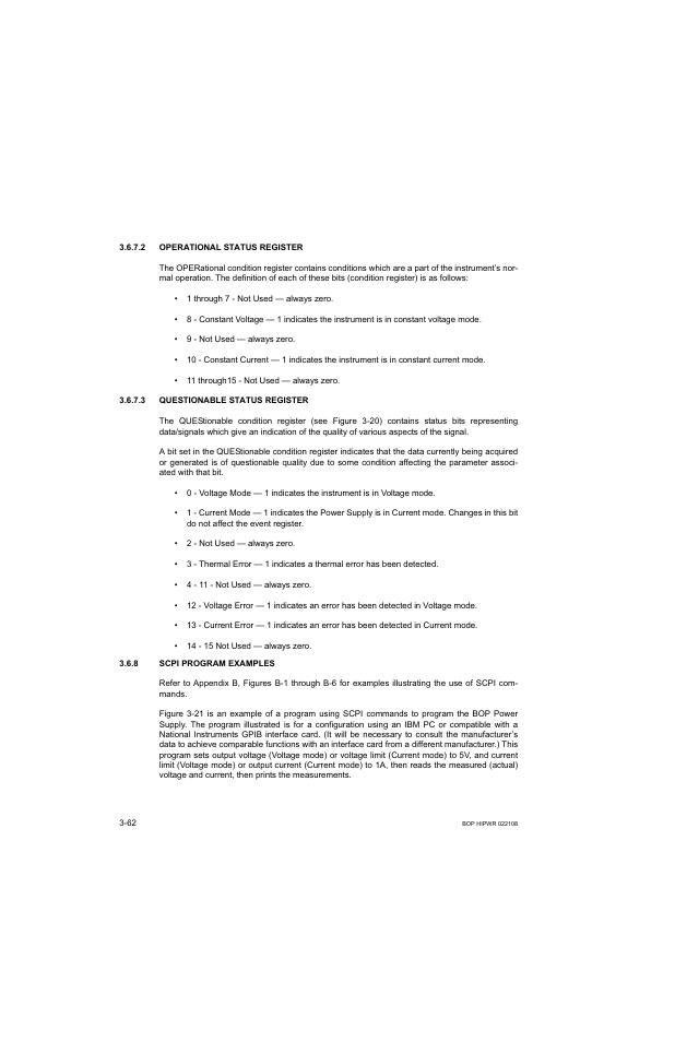 2 operational status register, 3 questionable status register, 8 scpi program examples | Operational status register -62, Questionable status register -62, Scpi program examples -62 | KEPCO BOP 1KW-MG Operator Manual, Firmware Ver.2.01 to 2.37 User Manual | Page 122 / 176