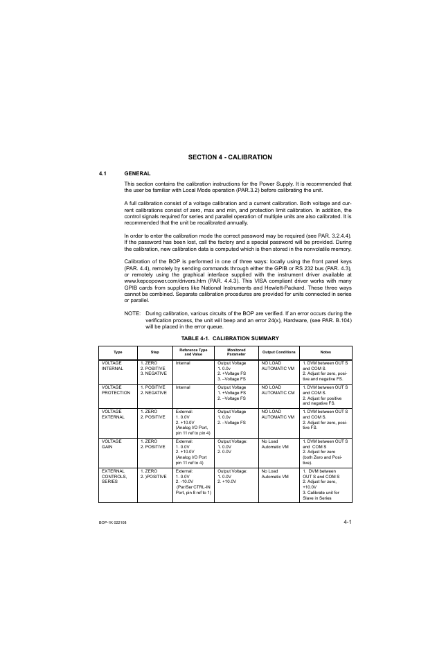 Section 4 - calibration, 1 general, Table 4-1. calibration summary | General -1, Calibration summary -1 | KEPCO BOP 1KW-MG Operator Manual, Firmware Ver.2.01 to 2.37 User Manual | Page 125 / 176