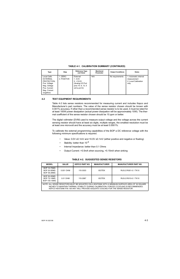 2 test equipment requirements, Table 4-2. suggested sense resistors, Test equipment requirements -3 | Suggested sense resistors -3 | KEPCO BOP 1KW-MG Operator Manual, Firmware Ver.2.01 to 2.37 User Manual | Page 127 / 176