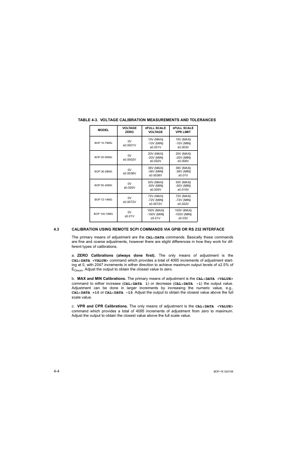 Voltage calibration measurements and tolerances -4, Ar. 4.3 | KEPCO BOP 1KW-MG Operator Manual, Firmware Ver.2.01 to 2.37 User Manual | Page 128 / 176