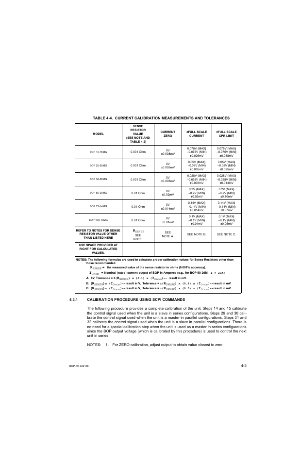1 calibration procedure using scpi commands, Calibration procedure using scpi commands -5, Current calibration measurements and tolerances -5 | KEPCO BOP 1KW-MG Operator Manual, Firmware Ver.2.01 to 2.37 User Manual | Page 129 / 176