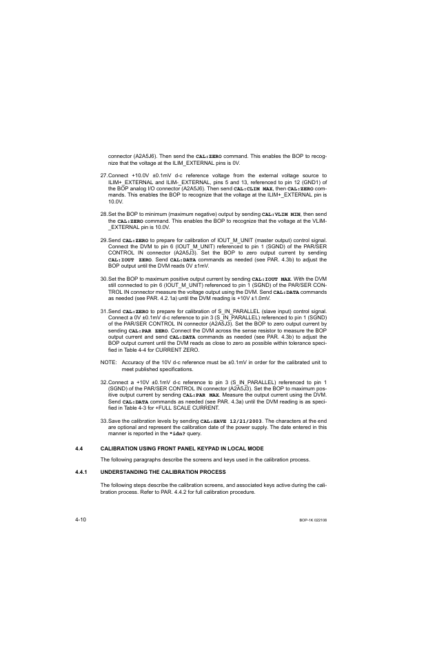 1 understanding the calibration process, Understanding the calibration process -10, 4): v | Ar. 4.4), remo, S 29 and 30 cali, S 31 and 32 calib | KEPCO BOP 1KW-MG Operator Manual, Firmware Ver.2.01 to 2.37 User Manual | Page 134 / 176
