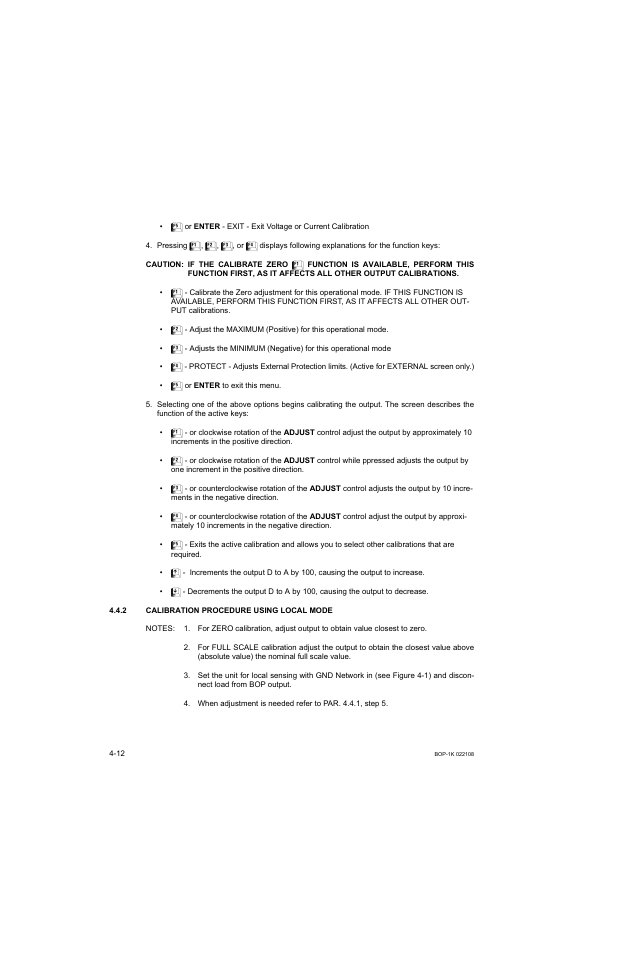 2 calibration procedure using local mode, Caution, If the calibrate zero | Calibration procedure using local mode -12, R. 4.4.2 | KEPCO BOP 1KW-MG Operator Manual, Firmware Ver.2.01 to 2.37 User Manual | Page 136 / 176