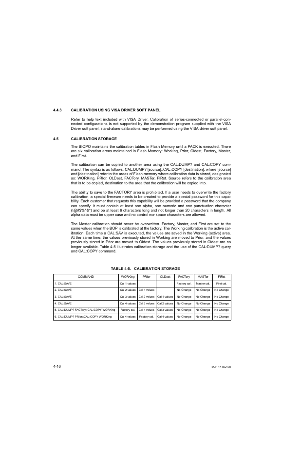 3 calibration using visa driver soft panel, 5 calibration storage, Table 4-5. calibration storage | Calibration using visa driver soft panel -16, Calibration storage -16, Ar. 4.4.3). th | KEPCO BOP 1KW-MG Operator Manual, Firmware Ver.2.01 to 2.37 User Manual | Page 140 / 176