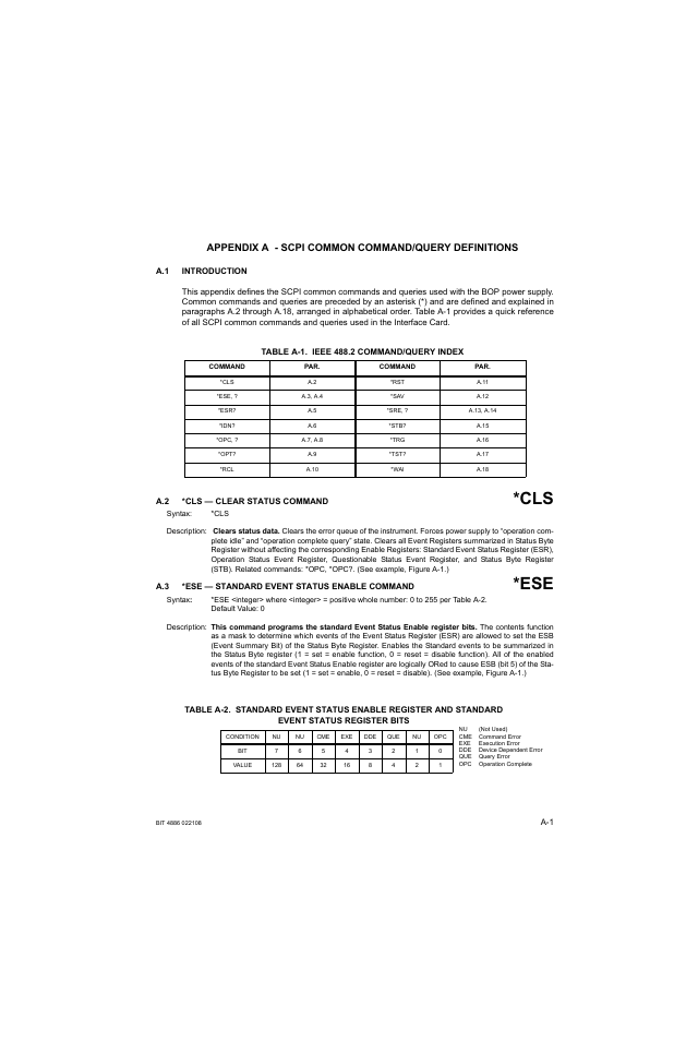 Appendix a - scpi common command/query definitions, A.1 introduction, Table a-1. ieee 488.2 command/query index | A.2 *cls — clear status command, A.3 *ese — standard event status enable command | KEPCO BOP 1KW-MG Operator Manual, Firmware Ver.2.01 to 2.37 User Manual | Page 141 / 176