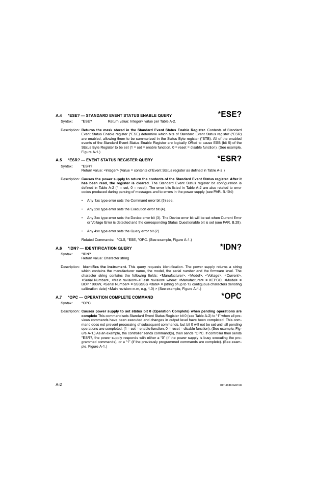 A.4 *ese? — standard event status enable query, A.5 *esr? — event status register query, A.6 *idn? — identification query | A.7 *opc — operation complete command | KEPCO BOP 1KW-MG Operator Manual, Firmware Ver.2.01 to 2.37 User Manual | Page 142 / 176
