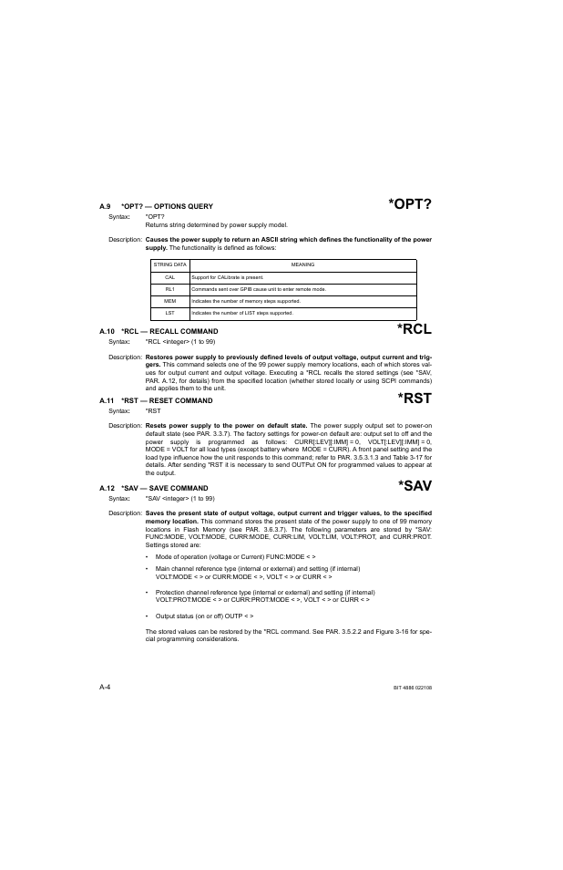 A.9 *opt? — options query, A.10 *rcl — recall command, A.11 *rst — reset command | A.12 *sav — save command, A.10, A.11, A.12, A.11) wh | KEPCO BOP 1KW-MG Operator Manual, Firmware Ver.2.01 to 2.37 User Manual | Page 144 / 176