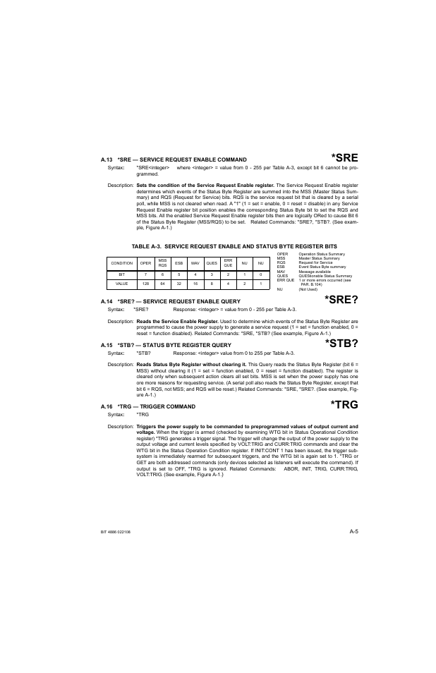 A.13 *sre — service request enable command, A.14 *sre? — service request enable query, A.15 *stb? — status byte register query | A.16 *trg — trigger command, A.13, A.14, A.15, A.16 | KEPCO BOP 1KW-MG Operator Manual, Firmware Ver.2.01 to 2.37 User Manual | Page 145 / 176