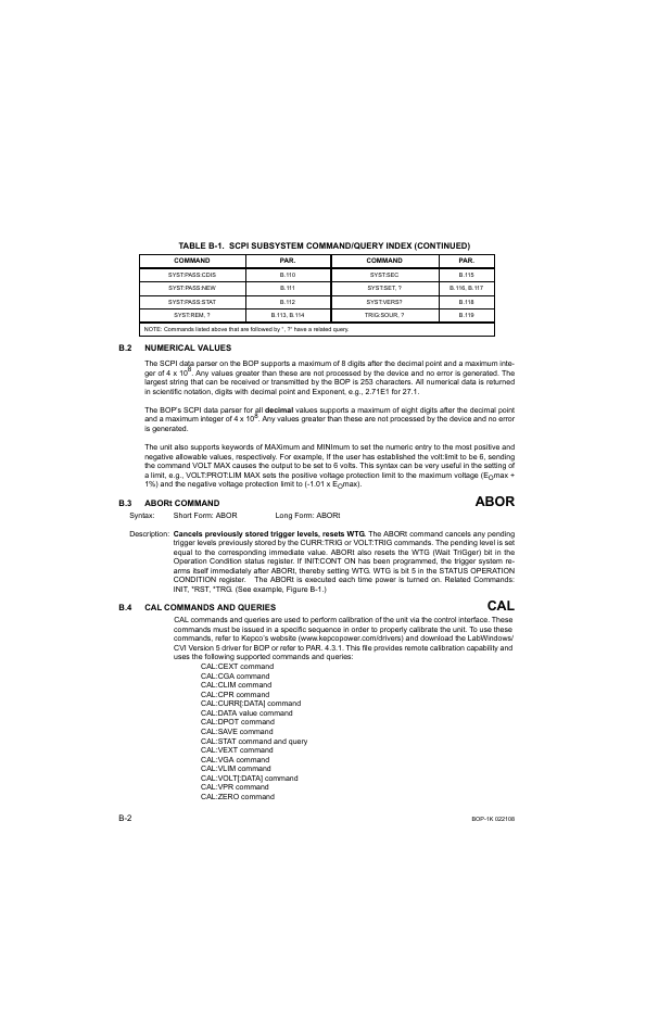 B.2 numerical values, B.3 abort command, B.4 cal commands and queries | Abor, R. b.3 throug | KEPCO BOP 1KW-MG Operator Manual, Firmware Ver.2.01 to 2.37 User Manual | Page 148 / 176