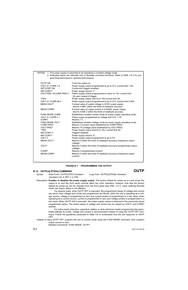 Figure b-1. programming the output, B.12 output[:state] command, B.12 | Outp, R. b.12) via, B-1.) | KEPCO BOP 1KW-MG Operator Manual, Firmware Ver.2.01 to 2.37 User Manual | Page 150 / 176