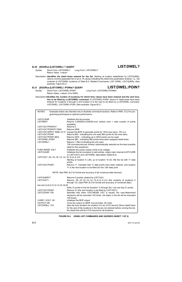 B.30 [source:]list:dwell ? query, B.31 [source:]list:dwell :points? query, Figure b-2. using list commands and queries | B.30, Sour, B.31, List:dwel, List:dwel:poin | KEPCO BOP 1KW-MG Operator Manual, Firmware Ver.2.01 to 2.37 User Manual | Page 154 / 176