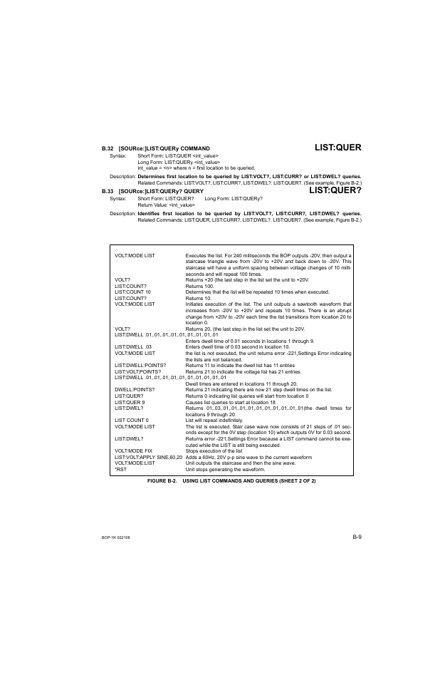 B.32 [source:]list:query command, B.33 [source:]list:query? query, B.32 | Sour, B.33, B.32, b.33, List:quer | KEPCO BOP 1KW-MG Operator Manual, Firmware Ver.2.01 to 2.37 User Manual | Page 155 / 176