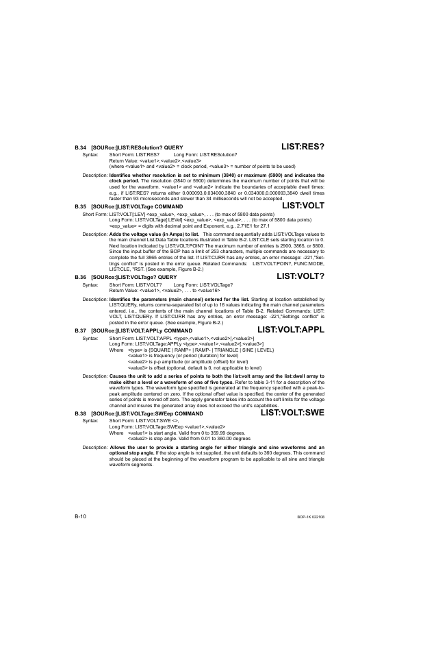 B.34 [source:]list:resolution? query, B.35 [source:]list:voltage command, B.36 [source:]list:voltage? query | B.37 [source:]list:volt:apply command, B.38 [source:]list:voltage:sweep command, B.34, Sour, B.35, B.36, B.37 | KEPCO BOP 1KW-MG Operator Manual, Firmware Ver.2.01 to 2.37 User Manual | Page 156 / 176