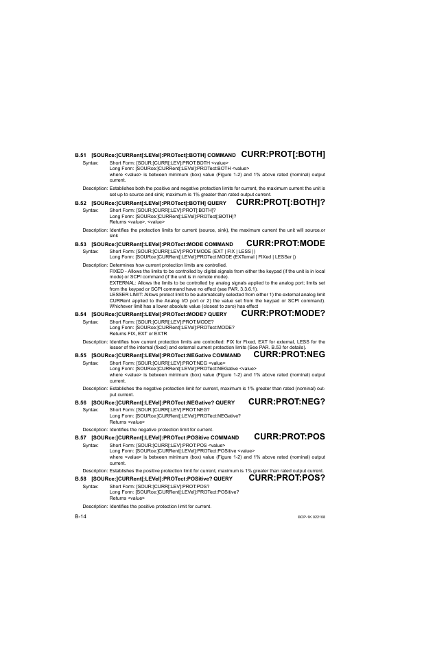 B.52 [source:]current[:level]:protect[:both] query, B.53 [source:]current[:level]:protect:mode command, B.54 [source:]current[:level]:protect:mode? query | B.51, Sour, B.52, B.53, B.54, B.55, B.56 | KEPCO BOP 1KW-MG Operator Manual, Firmware Ver.2.01 to 2.37 User Manual | Page 160 / 176