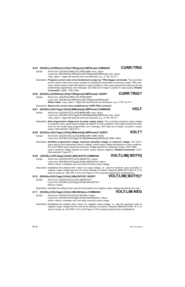 B.70 [source:]voltage[:level]:limit[:both]? query, B.65, Sour | B.66, B.67, B.68, B.69, B.70, B.71, B.69, b.70 | KEPCO BOP 1KW-MG Operator Manual, Firmware Ver.2.01 to 2.37 User Manual | Page 162 / 176