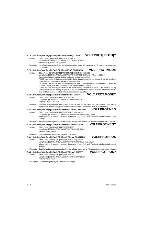 B.79 [source:]voltage[:level]:protect:mode command, B.80 [source:]voltage[:level]:protect:mode? query, B.78 | Sour, B.79, B.80, B.81, B.82, B.83, B.84 | KEPCO BOP 1KW-MG Operator Manual, Firmware Ver.2.01 to 2.37 User Manual | Page 164 / 176