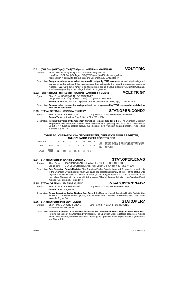 B.93 status:operation:condition? query, B.94 status:operation:enable command, B.95 status:operation:enable? query | B.96 status:operation[:event] query, B.91, Sour, B.92, B.93, Stat, B.94 | KEPCO BOP 1KW-MG Operator Manual, Firmware Ver.2.01 to 2.37 User Manual | Page 166 / 176