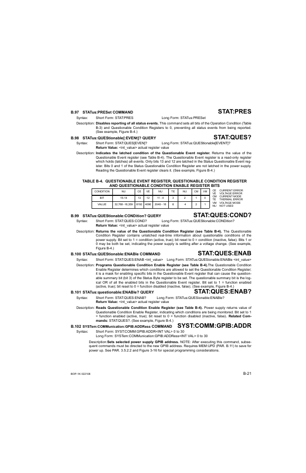 B.97 status:preset command, B.98 status:questionable[:event]? query, B.99 status:questionable:condition? query | B.100 status:questionable:enable command, B.101 status:questionable:enable? query, B.102 system:communication:gpib:address command, B.97, Stat, B.98, B.99 | KEPCO BOP 1KW-MG Operator Manual, Firmware Ver.2.01 to 2.37 User Manual | Page 167 / 176
