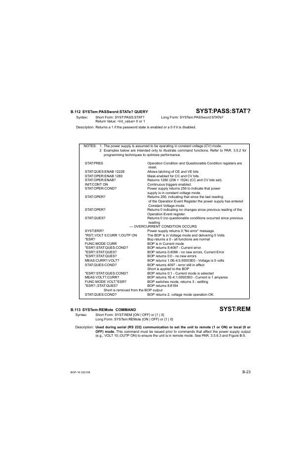 B.112 system:password:state? query, B.113 system:remote command, B.112 | Syst, B.113, Syst:pass:stat, Syst:rem | KEPCO BOP 1KW-MG Operator Manual, Firmware Ver.2.01 to 2.37 User Manual | Page 169 / 176