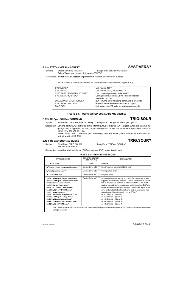 B.118 system:version? query, Figure b-6. using system commands and queries, B.119 trigger:source command | B.120 trigger:source? query, Table b-5. error messages, B.118, Syst, B.119, Trig, B.120 | KEPCO BOP 1KW-MG Operator Manual, Firmware Ver.2.01 to 2.37 User Manual | Page 171 / 176