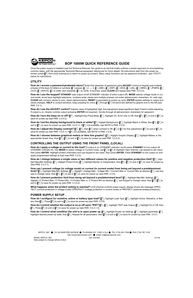 Bop 1000w quick reference guide, Utility, Power supply setup | KEPCO BOP 1KW-MG Operator Manual, Firmware Ver.2.01 to 2.37 User Manual | Page 173 / 176
