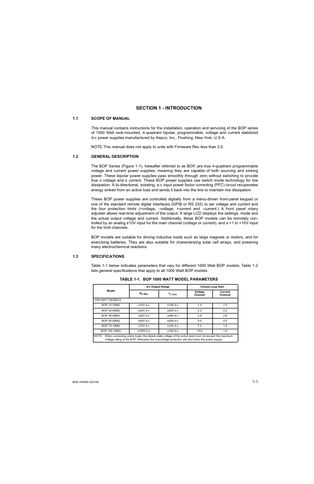 Section 1 - introduction, 1 scope of manual, 2 general description | 3 specifications, Table 1-1. bop 1000 watt model parameters, Scope of manual -1, General description -1, Specifications -1, Bop 1000 watt model parameters -1 | KEPCO BOP 1KW-MG Operator Manual, Firmware Ver.2.01 to 2.37 User Manual | Page 19 / 176