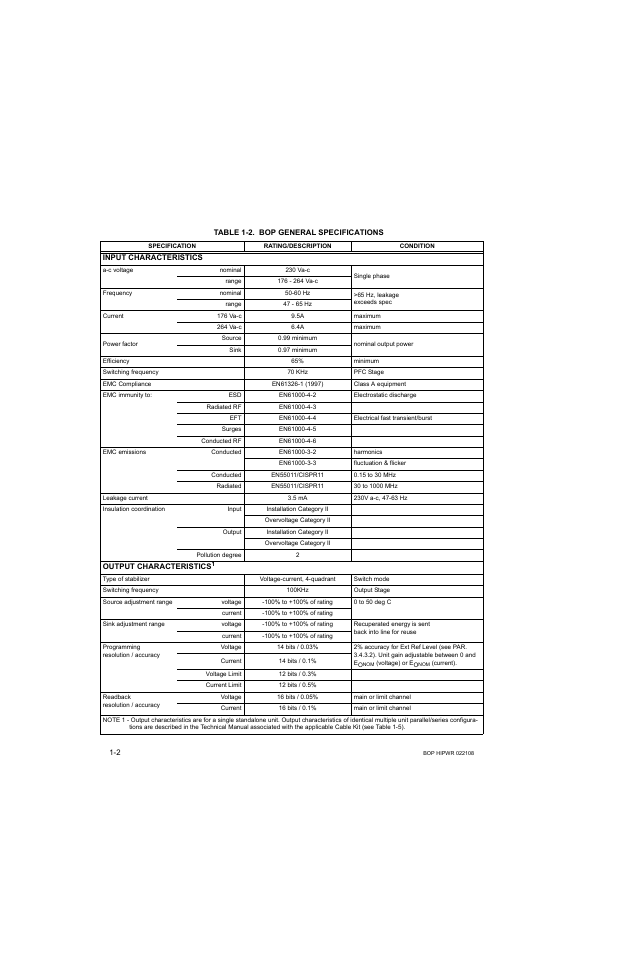 Table 1-2. bop general specifications, Bop general specifications -2 | KEPCO BOP 1KW-MG Operator Manual, Firmware Ver.2.01 to 2.37 User Manual | Page 20 / 176