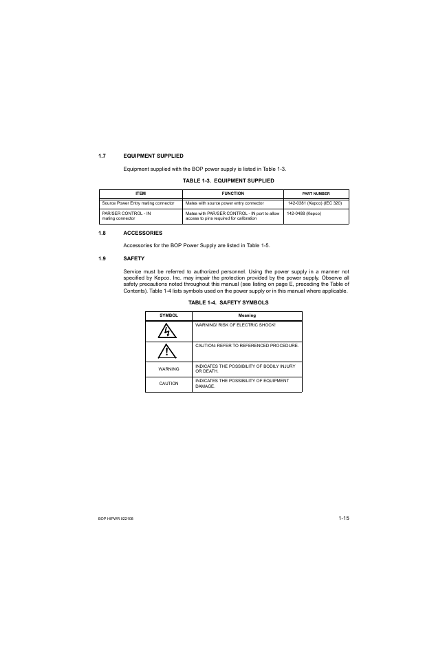 7 equipment supplied, Table 1-3. equipment supplied, 8 accessories | 9 safety, Table 1-4. safety symbols, Equipment supplied -15, Accessories -15, Safety -15, Safety symbols -15 | KEPCO BOP 1KW-MG Operator Manual, Firmware Ver.2.01 to 2.37 User Manual | Page 33 / 176