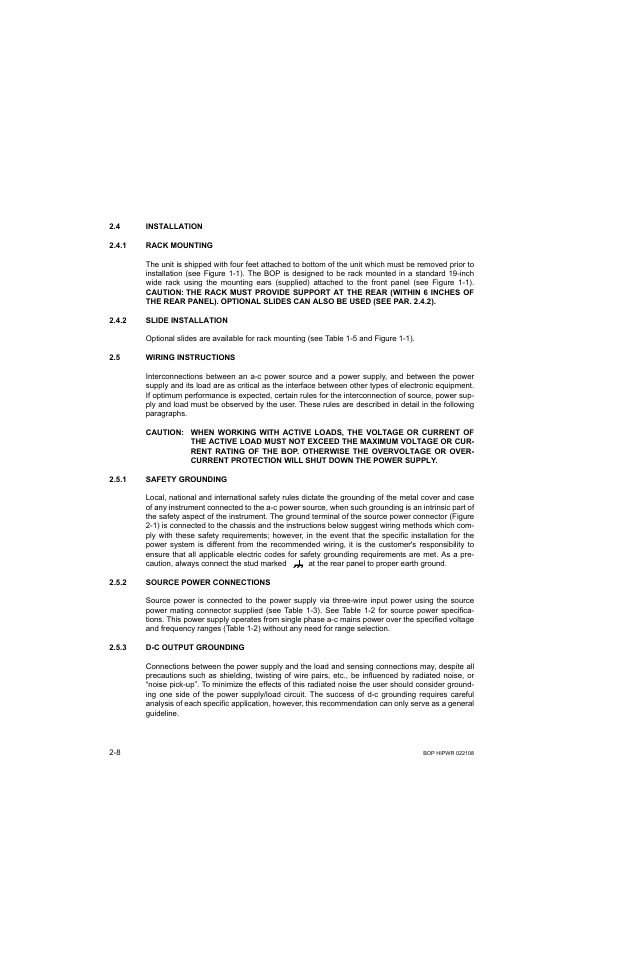 4 installation, 1 rack mounting, 2 slide installation | 5 wiring instructions, 1 safety grounding, 2 source power connections, 3 d-c output grounding, Caution, Er supply, Installation -8 | KEPCO BOP 1KW-MG Operator Manual, Firmware Ver.2.01 to 2.37 User Manual | Page 42 / 176