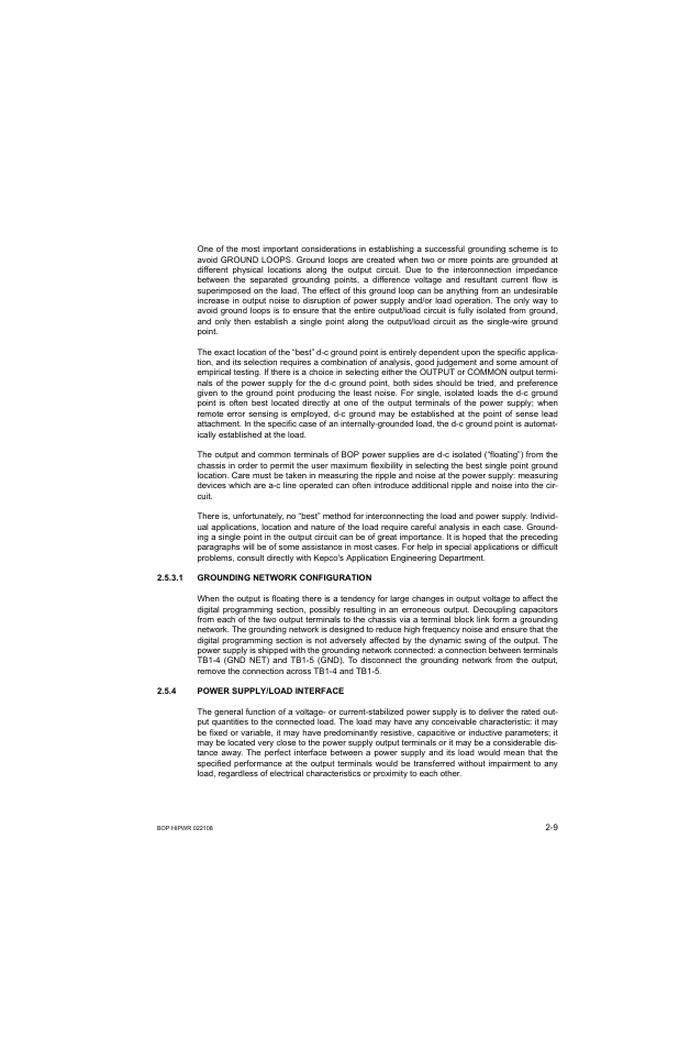 1 grounding network configuration, 4 power supply/load interface, Grounding network configuration -9 | Power supply/load interface -9 | KEPCO BOP 1KW-MG Operator Manual, Firmware Ver.2.01 to 2.37 User Manual | Page 43 / 176