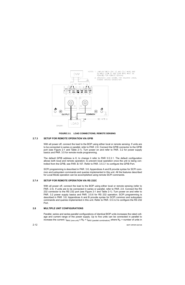 Figure 2-3. load connections, remote sensing, 3 setup for remote operation via gpib, 4 setup for remote operation via rs 232c | 8 multiple unit configurations, Setup for remote operation via gpib -12, Setup for remote operation via rs 232c -12, Multiple unit configurations -12, Load connections, remote sensing -12, R. 2.8, see t | KEPCO BOP 1KW-MG Operator Manual, Firmware Ver.2.01 to 2.37 User Manual | Page 46 / 176